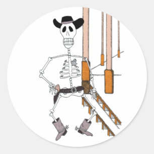 Sticker Rond Squelette de cowboy en Casquette Cowboy et Bottes 