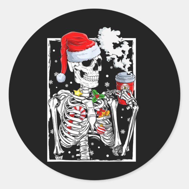 Sticker Rond Squelette De Noël Avec Crâne Souriant Boire Cof (Devant)