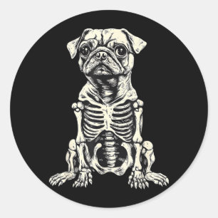 Sticker Rond Squelette de Pug de chien Halloween