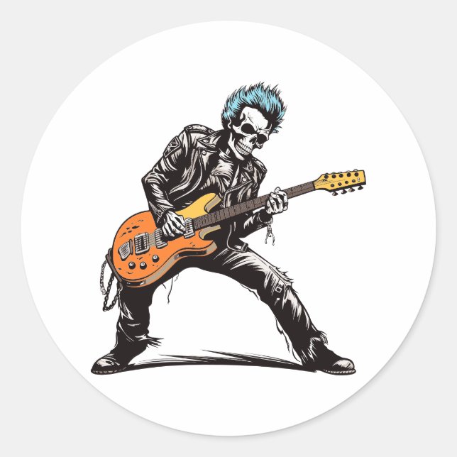Sticker Rond Squelette de rock et de roll (Devant)