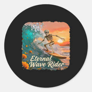 Sticker Rond Squelette de surfeur ambiance de festival de surf