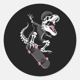 Sticker Rond Squelette de T-Rex Skateur - Ska Dinosaure Vintage