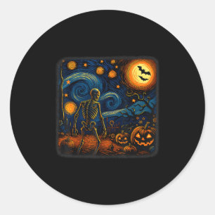 Sticker Rond Squelette d'Halloween Nuit Étoilée Van Gogh Citrou