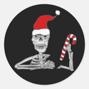 Sticker Rond Squelette drôle dans Noël chapeau de Noël