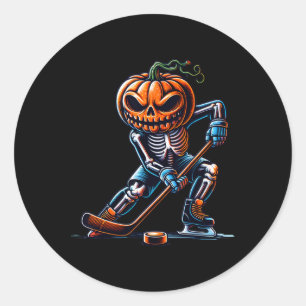 Sticker Rond Squelette Hockey sur glace Halloween Citrouille Ho