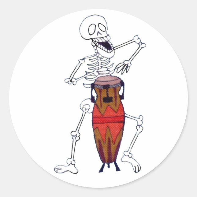 Sticker Rond Squelette Musicien Drummer Conga Joueur Classic Ro (Devant)