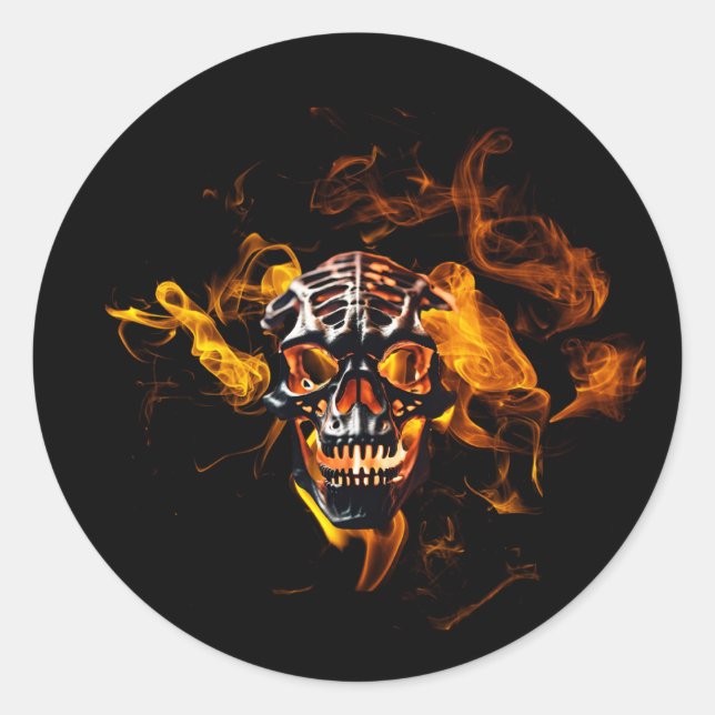 Sticker Rond Squelette rétro mort brûlant crâne en feu (Devant)