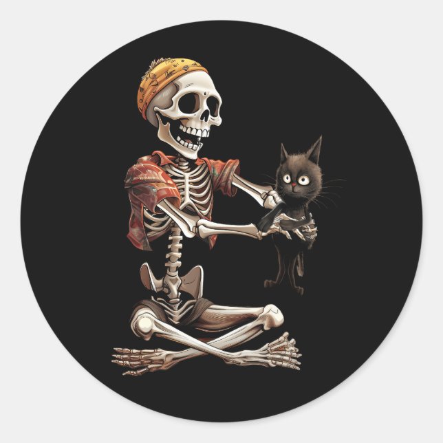 Sticker Rond Squelette tenant un Amoureux des chats Lazy Hallow (Devant)
