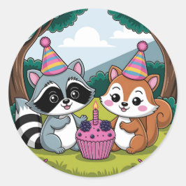 Sticker Rond Squirrel and Raccoon cute Birthday