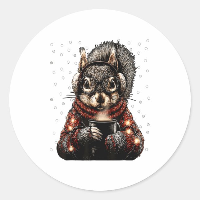 Sticker Rond Squirrel With Gles Christmas Lights Funny Coffee W (Devant)