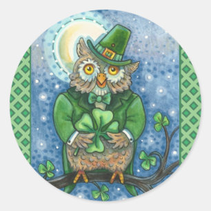 STICKER ROND ST. PATRICK'S DAY OWL, 4 HORLOGE LEPRECHAUN