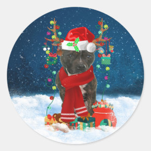 Sticker Rond Staffordshire Bull Terrier en neige avec Noël