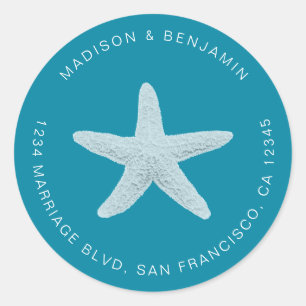 Sticker Rond Starfish Beach Mariage Retour Adresse Bleu