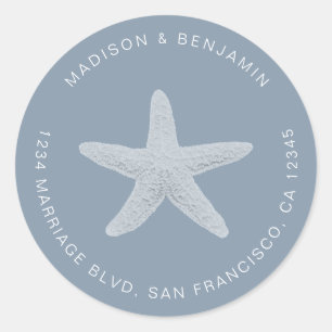 Sticker Rond Starfish Beach Mariage Retour Adresse Bleu
