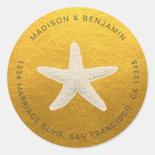 Sticker Rond Starfish Beach Mariage Retour Adresse Classic Gold