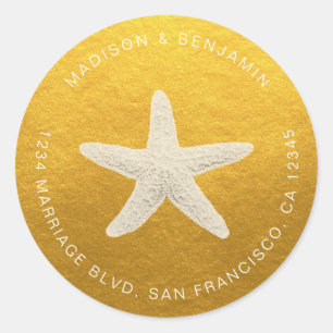 Sticker Rond Starfish Beach Wedding Adresse de retour Gold