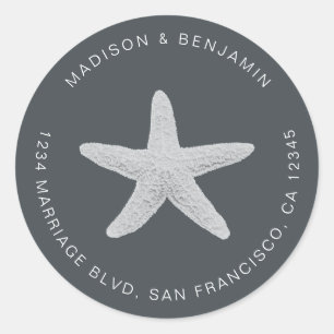 Sticker Rond Starfish Beach Wedding Adresse de retour Noir