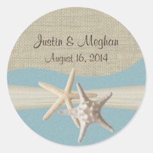 Sticker Rond Starfish & Burlap Ocean Sky Blue