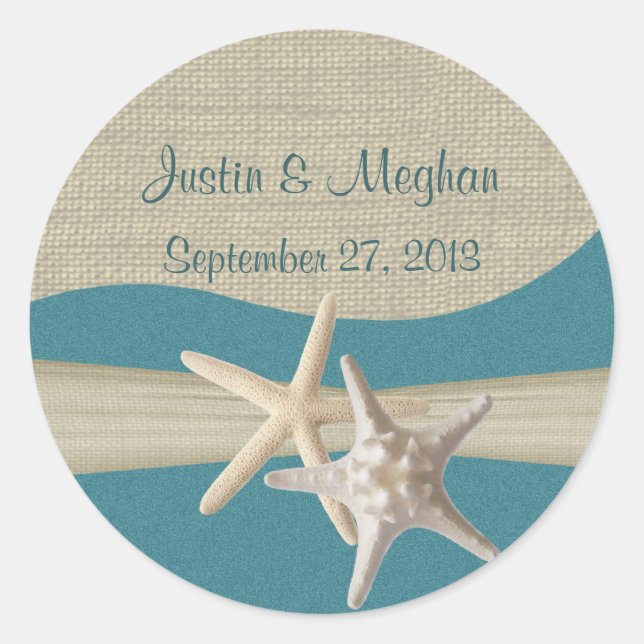 Sticker Rond Starfish & Burlap Plage Turquoise (Devant)
