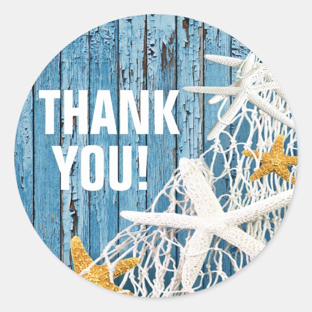 Sticker Rond Starfish Netting Beach Merci en bois | bleu (Devant)