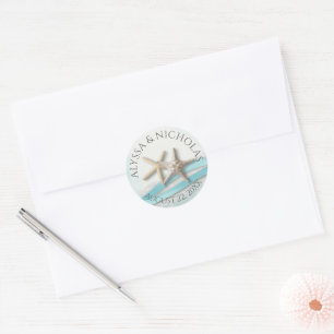 Sticker Rond Starfish Ribbon et Lace Ocean Blue Mariage