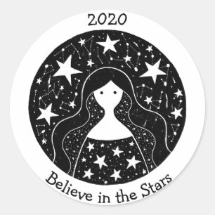 Sticker Rond Stars & Constellations Femme Déesse B/W