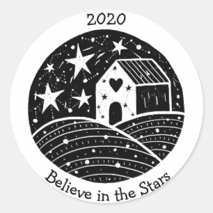 Sticker Rond Stars & Constellations House on Hill Night Sky B/W