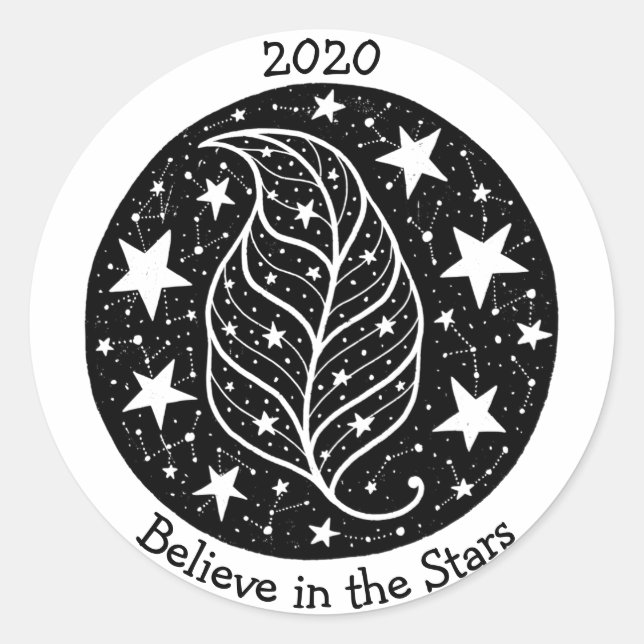 Sticker Rond Stars & Constellations Tree Leaf Nature B/W (Devant)
