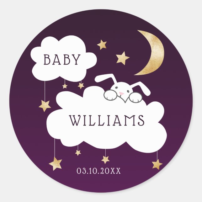 Sticker Rond Stars Lune Lapin Or Baby shower pourpre (Devant)