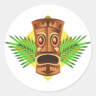 Sticker Rond Statue Tropicale Tiki Terrifiante Avec Palmiers