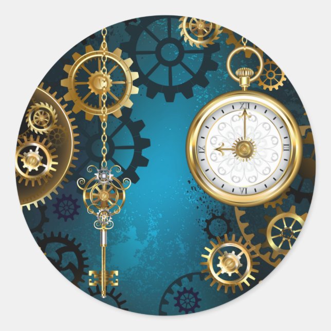 Sticker Rond Steampunk Arrière - plan turquoise avec Gears (Devant)