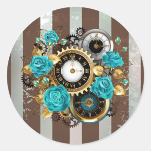 Sticker Rond Steampunk Clock and Turquoise Roses on Striped