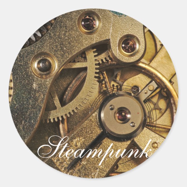 Sticker Rond Steampunk : Coeur laiton. Mécanisme de surveillanc (Devant)