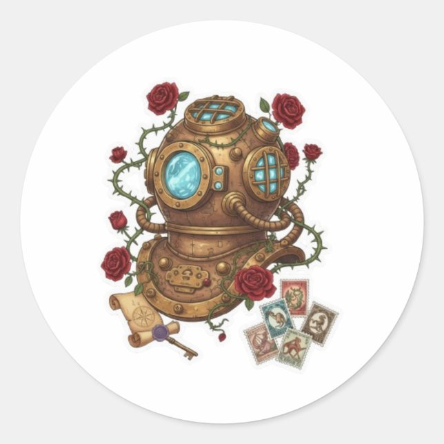 Sticker Rond Steampunk Deep Sea Diver Helmet Fantasy Illustrati (Devant)