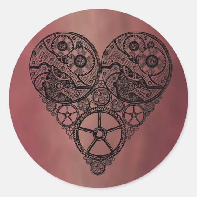 Sticker Rond Steampunk Horloge OEuvres et Coeur d'engrenage (Devant)