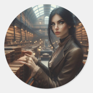 Sticker Rond Steampunk Vintage Victorian Lady Librairie