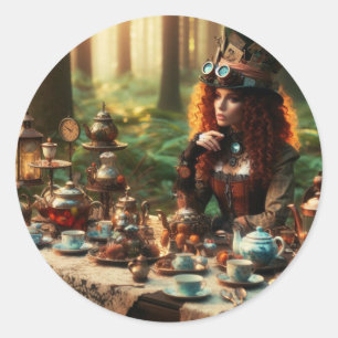 Sticker Rond Steampunk Vintage Victorian Lady Mad Hatter