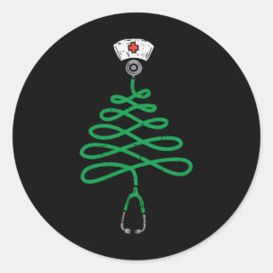Sticker Rond Stethoscope Arbre de Noël Infirmière Scrub de Noël