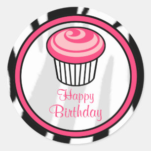 Sticker Rond Stick d'anniversaire de Cupcake rose - Zèbre noir 