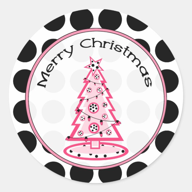 Sticker Rond Stick d'arbre de Noël rose avec Pois noir (Devant)