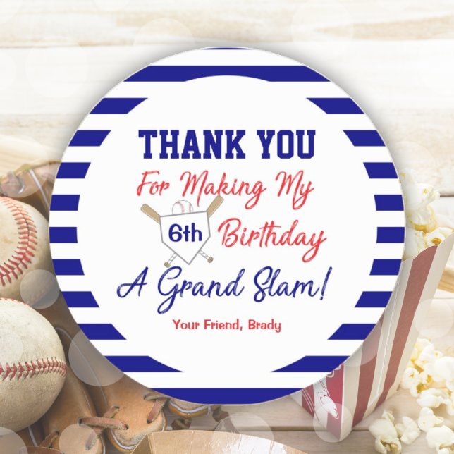 Sticker Rond Stick de baseball Anniversaire Bleu et Rouge rond (Baseball Birthday Party Blue and Red Round Sticker)