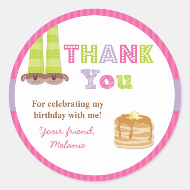 Sticker Rond Stick de fête d'anniversaire pyjamas et crêpes (Devant)