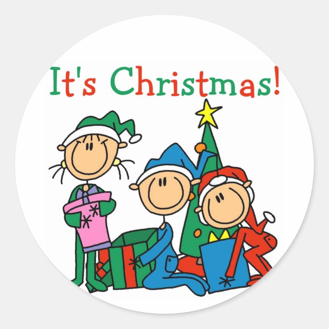 Sticker Rond Stick Figure Enfants C'est Noël Tshirts et cadeaux (Devant)