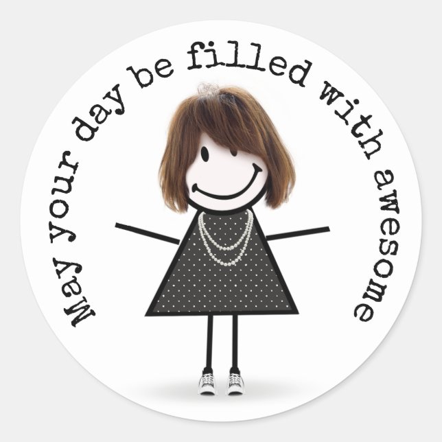 Sticker Rond Stick Figure Girl en Basket avec devis (Devant)