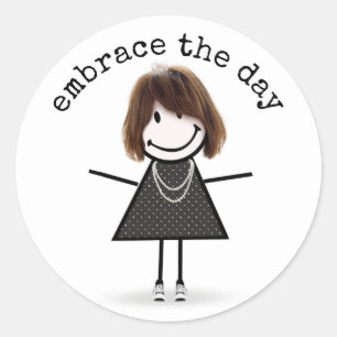 Sticker Rond Stick Figure Girl en Basket avec devis