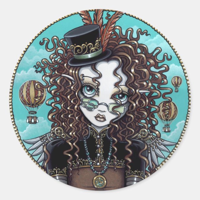 Sticker Rond Stick "Lucy" Steam Punk Air Balloon Fairy Art (Devant)