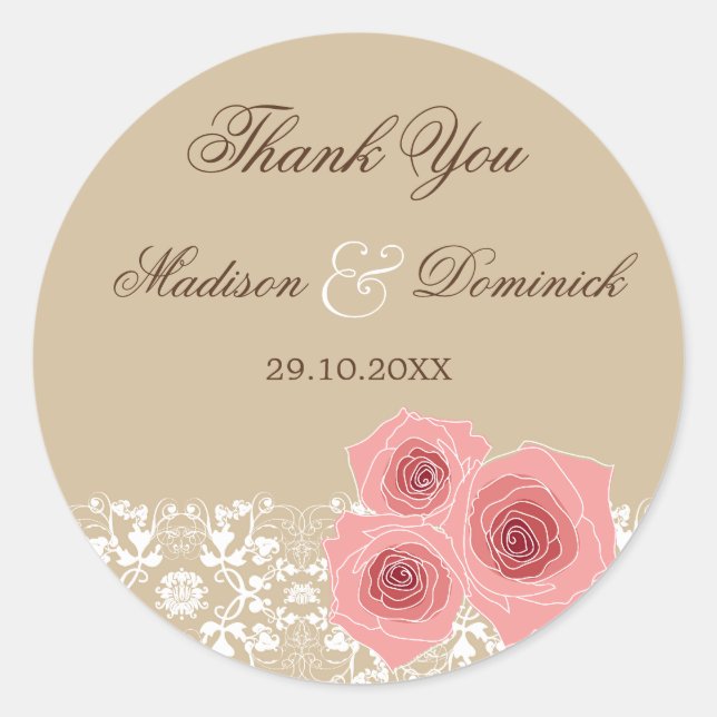 Sticker Rond Stick Mariage de dentelle en rose romantique Roses (Devant)