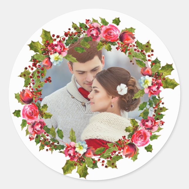 Sticker Rond Stick photo et couronne Holly de Noël (Devant)