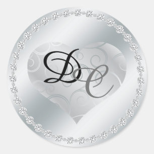 Sticker Rond Sticke Mariage de Monogramme de Coeur Métallique A