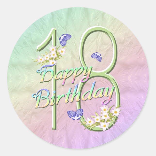 Sticker Rond Sticke rond arc-en-ciel et papillons 18e anniversa (Devant)